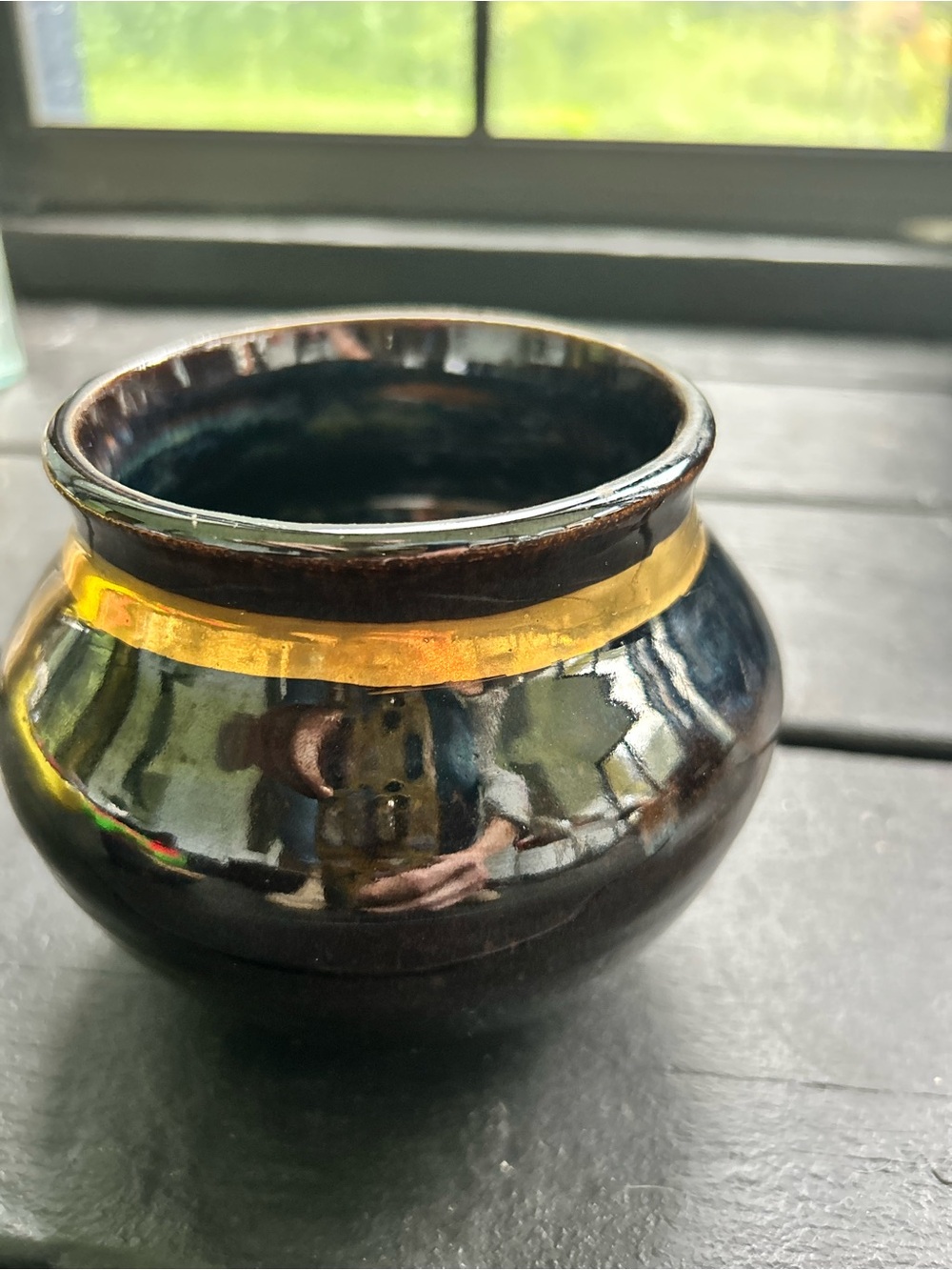 Handcrafted Dark Glaze Ceramic Accent Pot Gold Band Art Pottery planter bowl